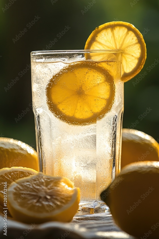 Poster a refreshing glass of lemonade with a slice of lemon, perfect for summer or as a symbol of hospitali