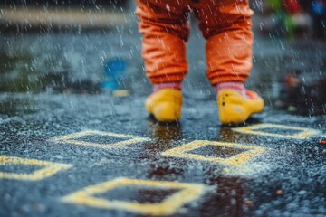 A young child having fun playing hopscotch on a sidewalk, wearing bright yellow rubber boots