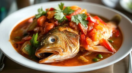 Bermudian fish chowder, a tomato-based soup with fish, peppers, and a splash of sherry pepper sauce. --ar 16:9 --v 6.1 Job ID: 3f8c4581-49ca-4733-95b1-