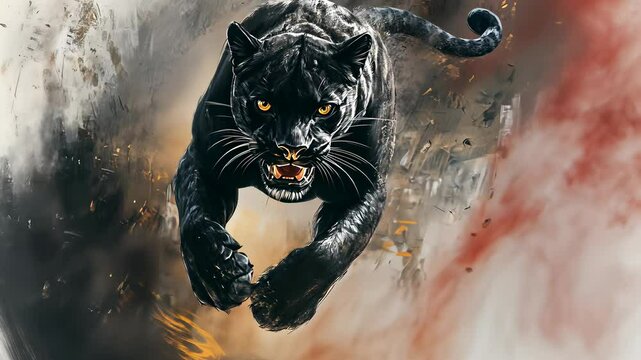 Majestic black panther prowls through dense jungle in search of prey during the golden hour