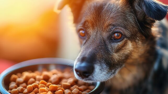 Close-up of a dog with bowl of dry food in warm sunlight.