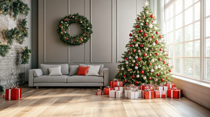 Festive Interior: Christmas tree adorned with ornaments and gifts, and a wreath hanging on the wall, creating a cozy and inviting ambiance.