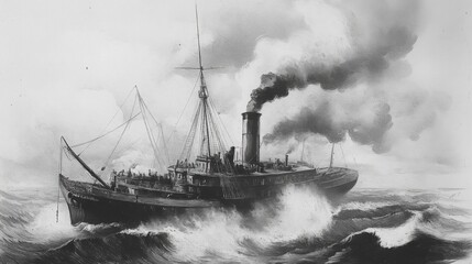 Historic Steamboat at Sea in Turbulent Waters