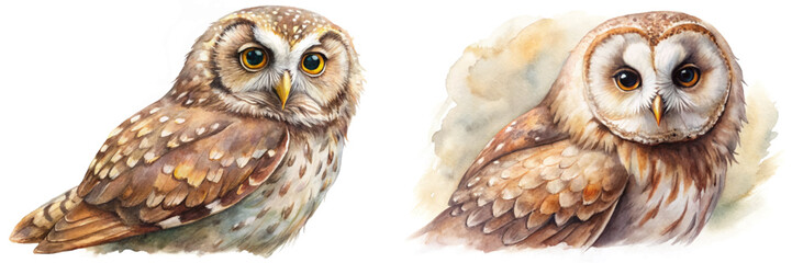 Detailed watercolor owls, realistic animal art, nature illustration, bird portraits, wildlife decor, artistic print.