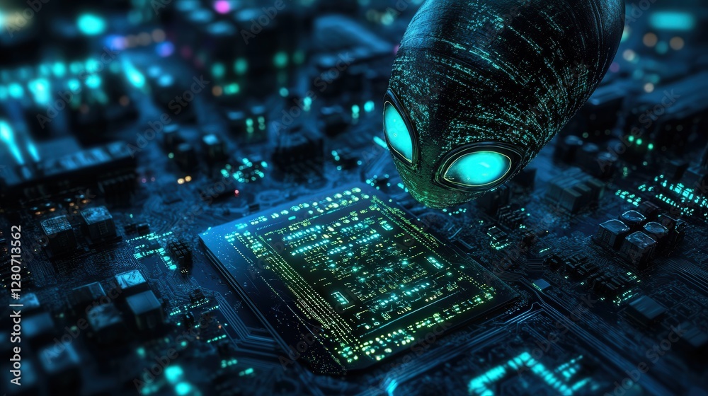 Poster extraterrestrial signal-processing microchip, decoding alien communications.