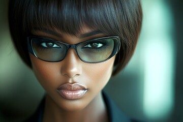 Pretty calm black girl - for ads, brochure and digital marketing use. Commercial marketing visual idea. Short coiffure - straight hair. Stylish african american girl. African american beauty.