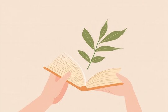 Open book with green plant sprouting from pages in gentle hands