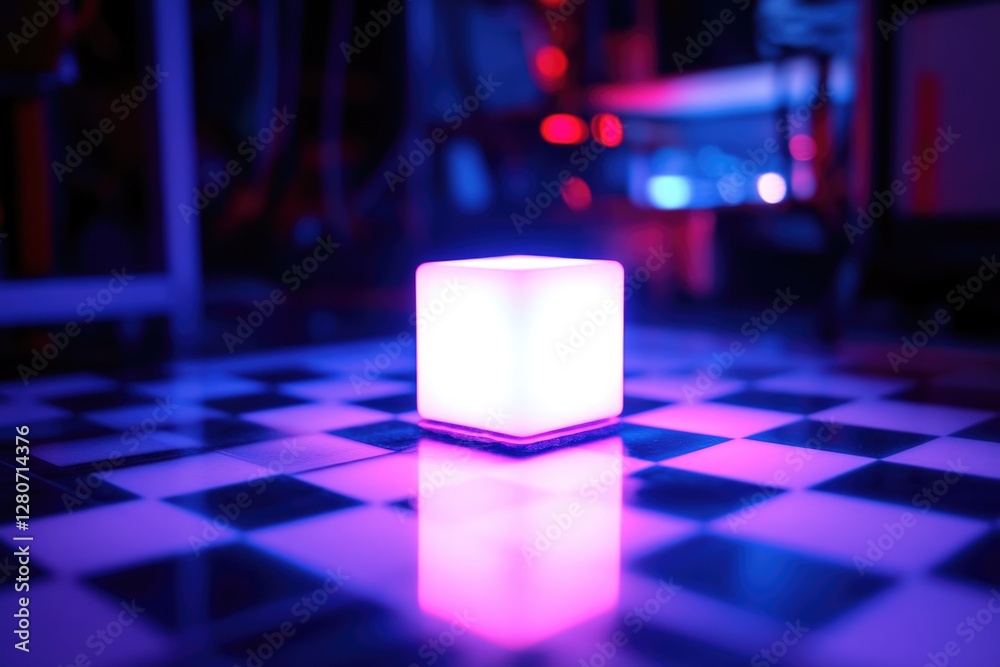 Poster A lit cube sitting on a checkered floor, perfect for adding a pop of color to any scene