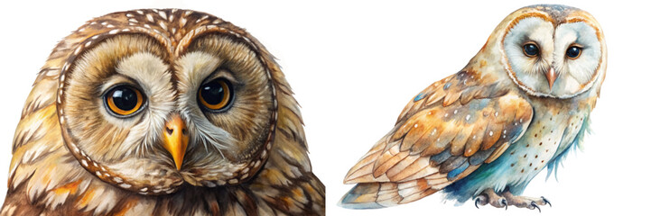 Beautifully illustrated owls, detailed feathers, vibrant colors, wildlife art, nature portrait, animal illustration.