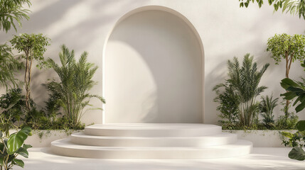 Fototapeta premium A Garden Stage: A minimalist outdoor scene bathed in sunlight, featuring an elegant arched structure as a focal point surrounded by lush greenery. 