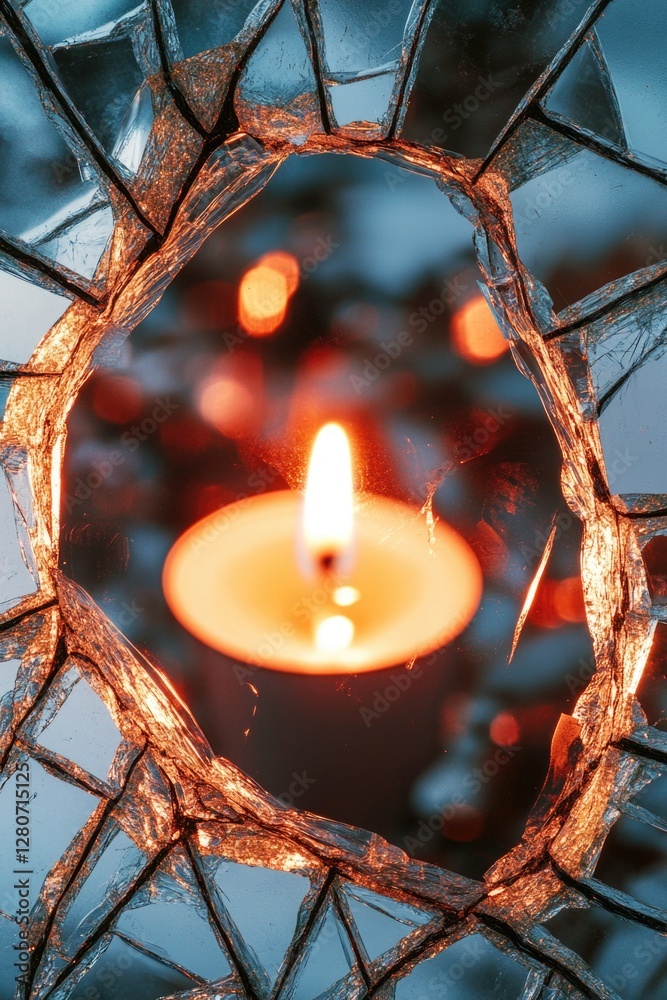 Poster a single lit candle is reflected in a mirror, creating a warm and cozy ambiance