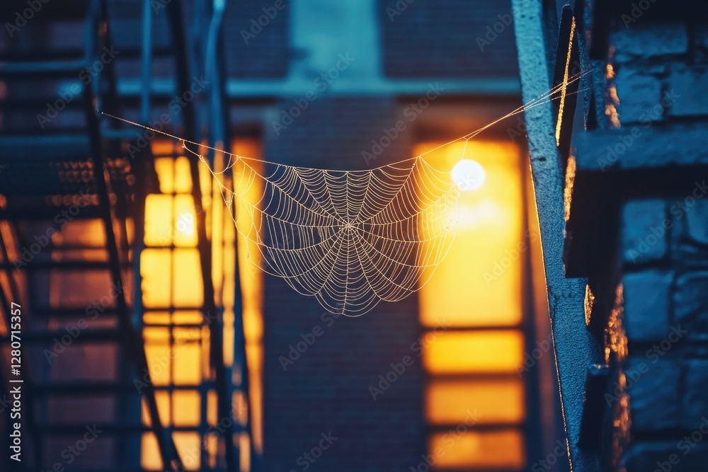 Poster a spider web hangs from the side of a building, perfect for use in illustrations or designs related 