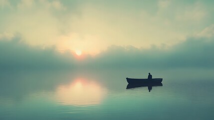 Boat floating on water during sunset with calm reflections and serene atmosphere