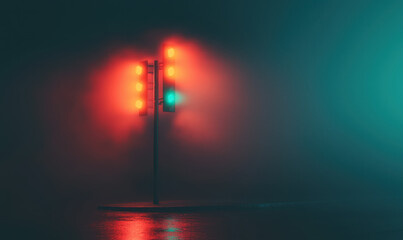 A Mesmerizing Urban Scene Featuring Vibrant Traffic Lights in a Foggy Night Setting: The Intersection of Technology and Design in Transportation Safety