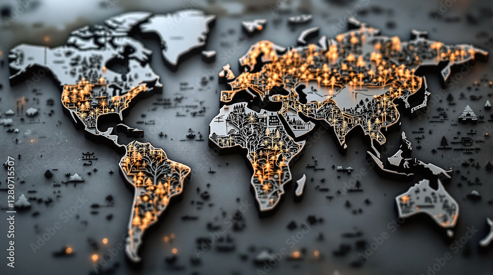 Poster A close-up of a world map on a wet surface, with water droplets glistening on its surface. The map is detailed, showing continents and oceans, and the background is blurred, emphasizing the map as the