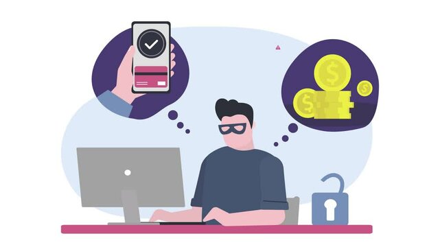 Hacker attacking and stealing money from card. Password phishing attack and person information. Fraud investigation and prevention. Internet hackers theft privacy account, data. vector video 4k