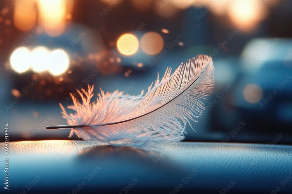 Poster a white feather sits on the dashboard of a car, often used in editorial or lifestyle contexts
