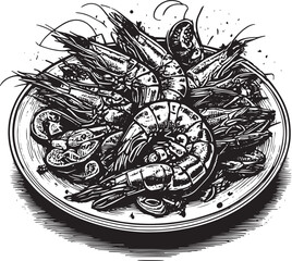 Shrimp plate sea food hand drawn vector illustration