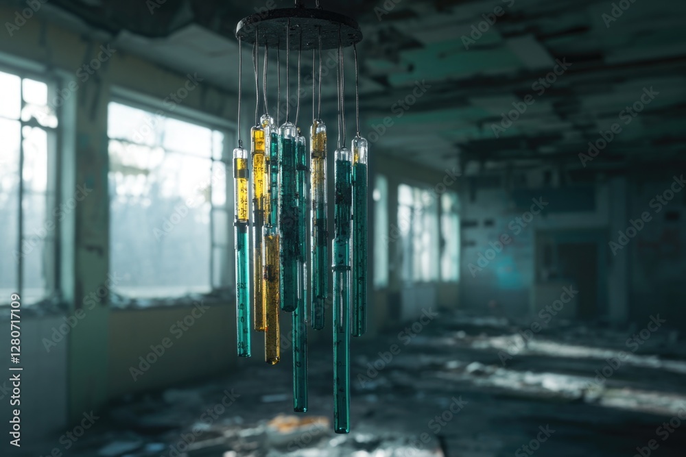 Poster Old building with wind chime hanging from ceiling, ideal for use in architecture or urban exploration themed projects