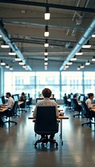 Fototapeta premium people working in an open office space with large windows.