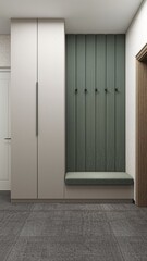 A stylish entryway with a built-in beige wardrobe and a green padded bench with vertical panels. Black hooks add functionality, while gray tiled flooring enhances the modern design