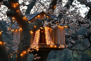 Obraz premium A whimsical treehouse with fairy lights hanging from its roof, perfect for a magical and cozy atmosphere
