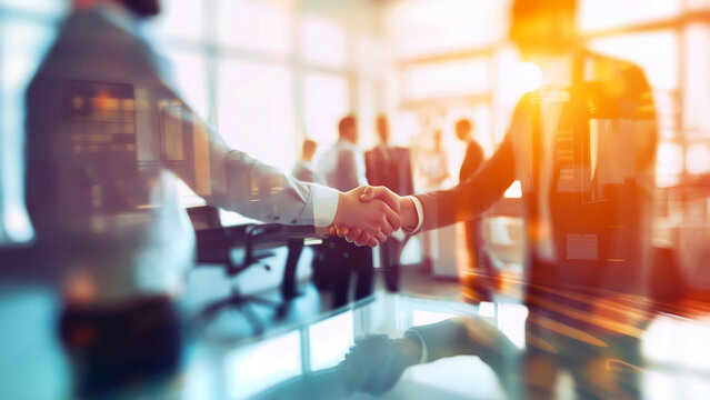 Handshake in business meeting, client agreement contract, partnership cooperation deal in office