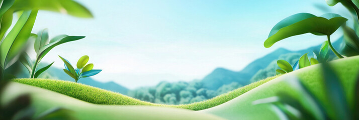 Obraz premium Lush green hills with vibrant foliage under a clear blue sky during a bright sunny day,mockup banner for advertising