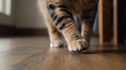 A cat walks across a wooden floor next to a door