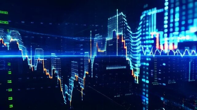 A blue screen with a lot of numbers and lines. The numbers are in different colors and the lines are also in different colors. Scene is intense and focused