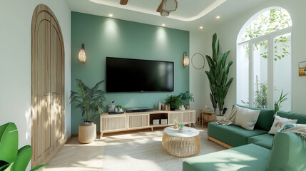 Serene Living Room: The living room with a coastal vibe, offering a calming retreat, with elegant arch doorways and windows to let natural light cascade, and a sofa and other furnitures. 