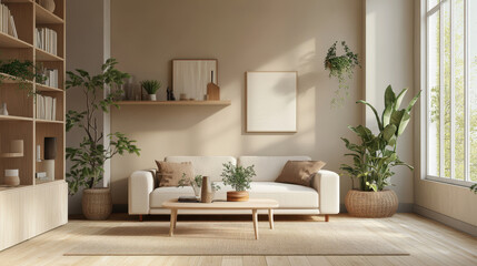Cozy Living Room with Plants and Natural Light: A bright and airy living room featuring a neutral color palette, a comfortable sofa, and lush greenery, creating a serene and inviting atmosphere.