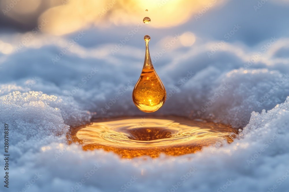 Poster A single drop of water falls into a small puddle of snow, creating a tiny splash and a few ripples