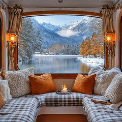 Train Window View of a Snowy Mountain