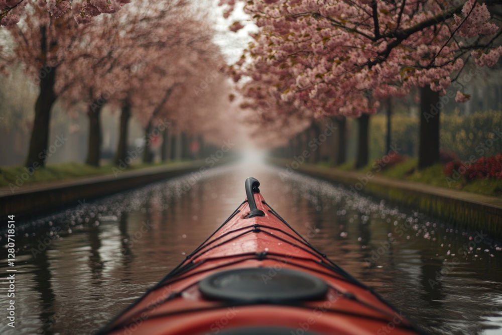 Poster A single red kayak sits on the surface of a calm body of water, perfect for a peaceful day out