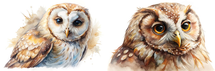 Detailed watercolor owls, realistic animal portraits, soft color palette, nature illustration, wildlife art, artistic expression.