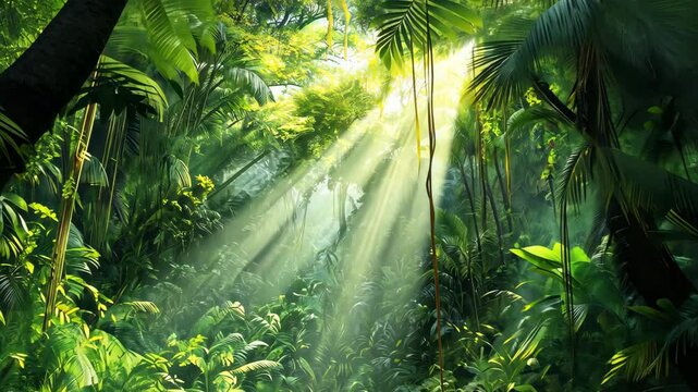 Lush green jungle scene with vibrant foliage and sunlit rays filtering through dense canopy, Dense jungle with thick vines and lush greenery, illuminated by sunlight filtering through canopy