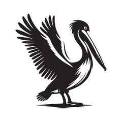 Pelican bird Silhouette Vector Illustration, Solid White Background.