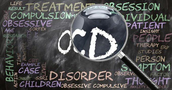Ocd being studied, examined - under close inspection. Most important subjects and ideas closely related to ocd written on a blackboard inspected by a magnifying glass. Can be looped