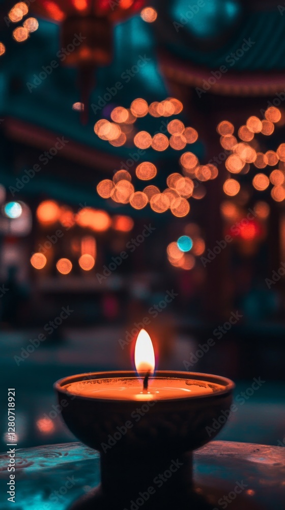 Poster in the quiet darkness, a single candle burns brightly, casting a warm glow amidst glimmering lights 