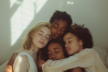 Fototapeta premium young people from different cultures hugging in a bright room