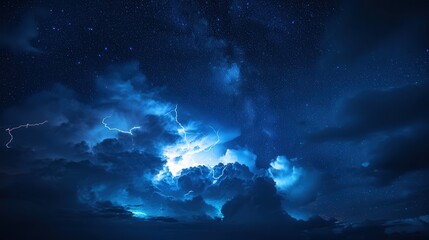 Fototapeta premium night sky photograph, featuring lightning illuminating storm clouds under a starry sky.