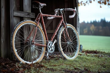 Fototapeta premium Old bike leans against rustic barn wall