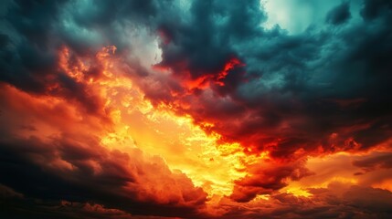Fototapeta premium sunset with storm clouds, where streaks of fiery red and orange break through dark rolling clouds, creating a powerful contrast in the sky.