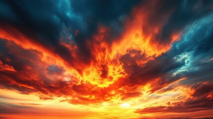 Fototapeta premium sunset with storm clouds, where streaks of fiery red and orange break through dark rolling clouds, creating a powerful contrast in the sky.