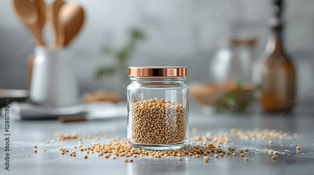 Poster a glass jar filled with wheat grains placed on a surface, with wooden spoons in a holder to the left