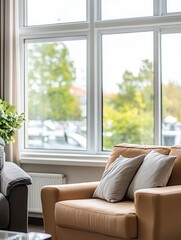 Bright modern living room interior with large windows and cozy armchairs.