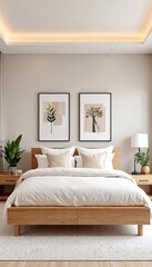 Fototapeta premium a modern bedroom with a white ceiling and two leaf prints on the wall.