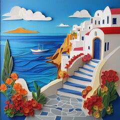 Fototapeta premium Colorful paper art depicting a coastal village with blue waters, white buildings, and vibrant flowers near the sea