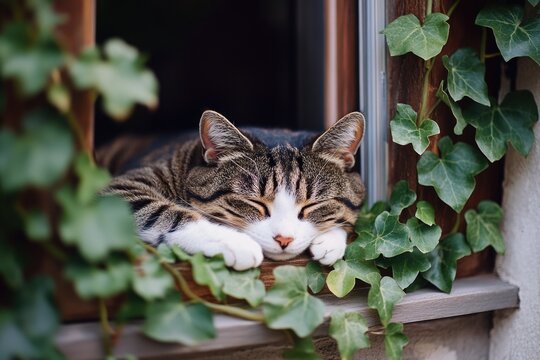 A cat resting on a windowsill, surrounded by natural light